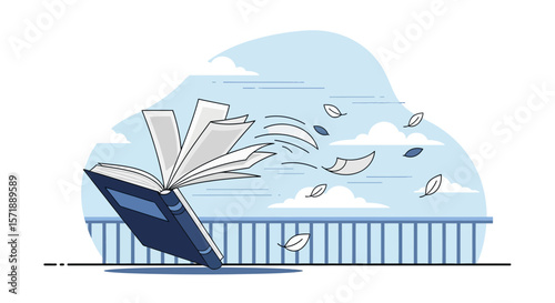 Captivating Book With Open Pages And Flowing Paper In A Breezy Outdoor Setting