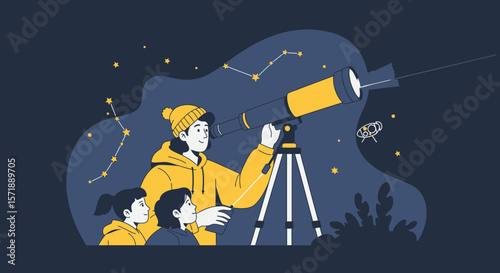Family Night Underneath Stars Exploring Universe Together Through Telescope