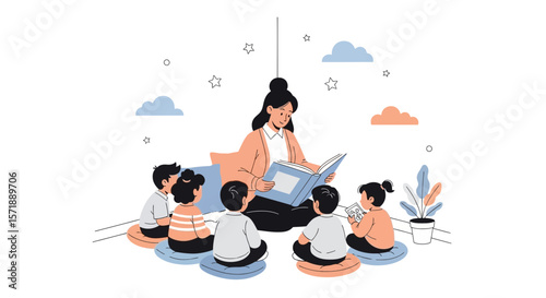 Captivating Storytelling Moment: Teacher Reads To Eager Young Students