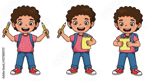 Cartoon Schoolboy Holding Pencil and Notebook in Different Poses