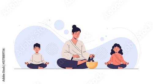 Family Practicing Mindfulness With Singing Bowl For Calm Peaceful Meditation