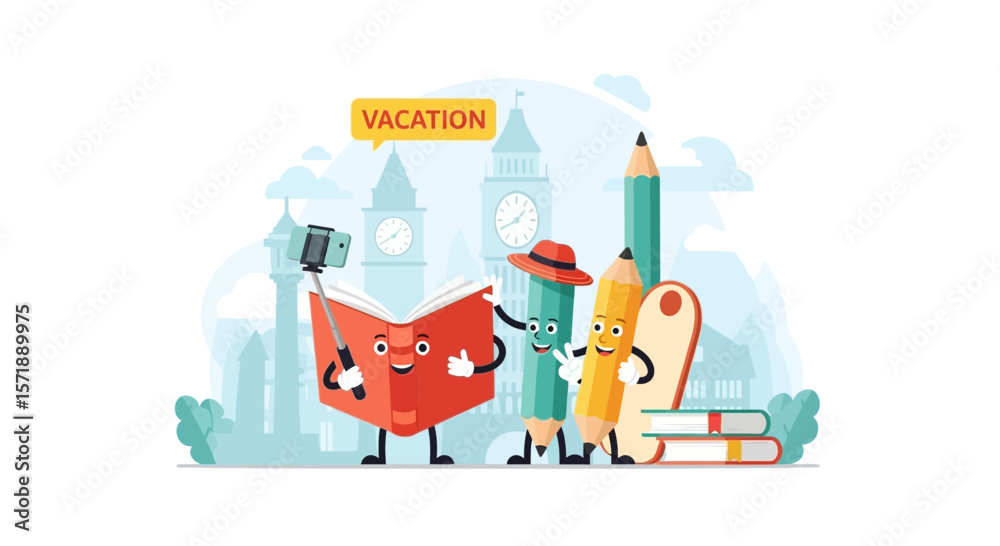 Naklejka premium Cartoon Book And Pencils Characters Enjoying A Fun Vacation Abroad Adventure