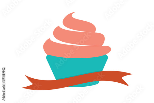 Cupcake With Swirled Icing And Ribbon In Front On