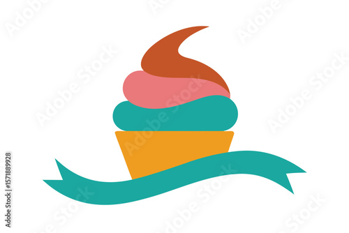 Cupcake With Swirled Icing And Ribbon In Front On