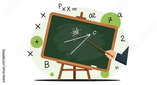Cartoon Blackboard Illustrating Math Concepts With a Teacher Presenting With Pointer