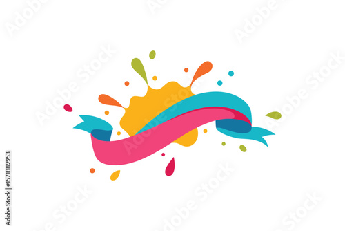 Colorful Ink Splatter Explosion With Curled Ribbon