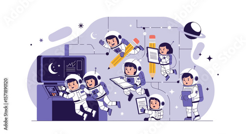 Creative Astronauts In Space Station Learning Cartoon Illustration For Children