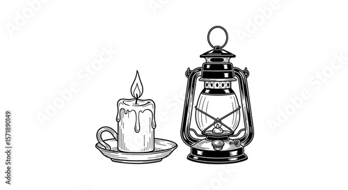 Vintage sketch doodle candle and lantern, victorian black sketch