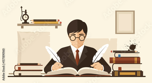 Creative Author Engaged In Writing At Desk With Quills And Books