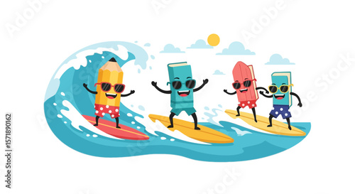 Cartoon Characters Enjoying Surfing On Waves In Sunny Weather Vacation