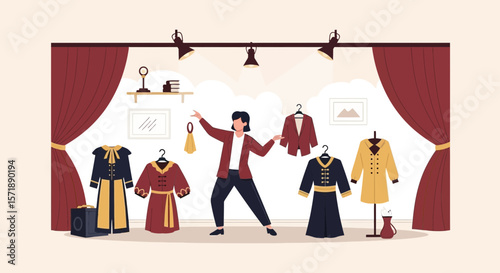 Fashion Designer Arranging Clothes With Theater Backdrop And Stage Lighting
