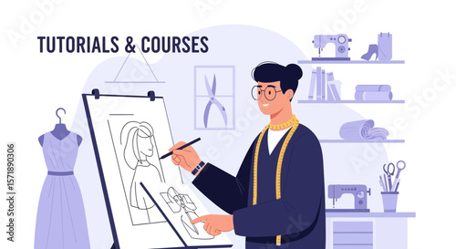 Fashion Designer Creating Sketches For New Dressmaking Collection And Online Courses