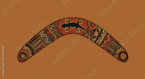 Aboriginal Boomerang with Traditional Dot Art and Lizard