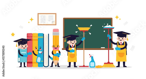 Graduation Cleaning Team at Work in Classroom Education Concept Illustration