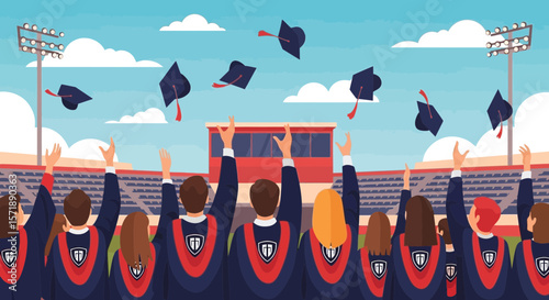 Graduation Ceremony With Students Celebrating And Throwing Their Academic Caps
