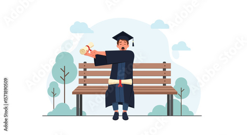 Graduation Day Exhaustion Fresh Graduate Yawning Celebrating In Park Scene