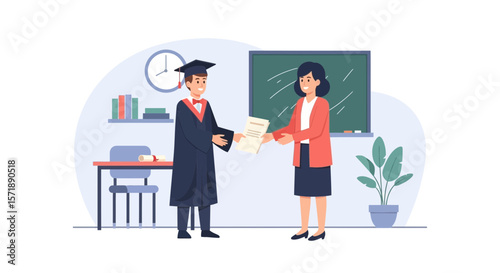 Graduation Day Illustration Student Receiving Diploma From A Teacher In Classroom