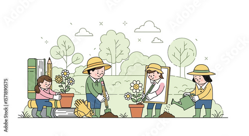 Creative Children Enjoying Gardening And Drawing Together In The Garden