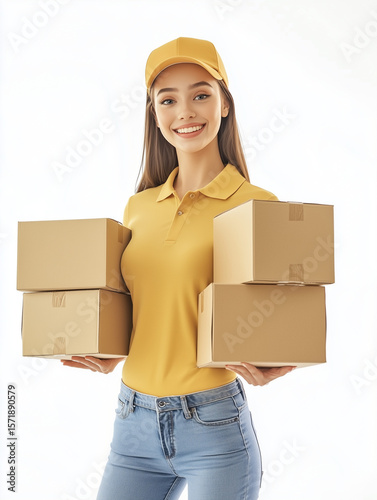 Delivery woman holding cardboard boxes and smiling on white background