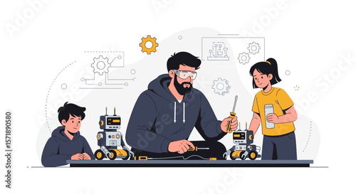 Father And Children Bonding Over Robotics Project And Educational Pursuits Together