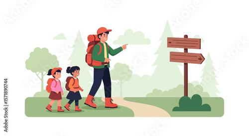 Father And Daughters Enjoying Summer Vacation Hiking Adventure On Trail
