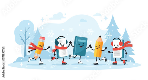 Cartoon Pencils And Notebooks Characters Ice Skating Together In A Winter Wonderland