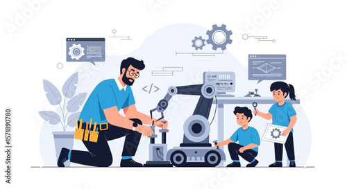 Father And Kids Exploring Robotics Learning Coding Education And Science Engineering