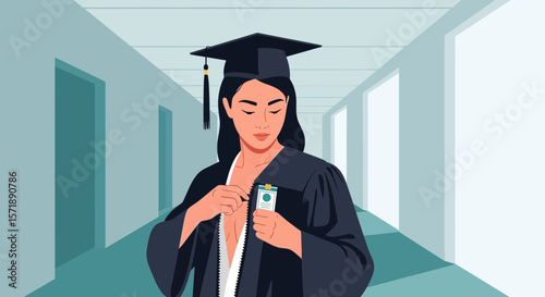 Graduation Day: Young Woman Securing Her Id Badge On University Campus Hallway