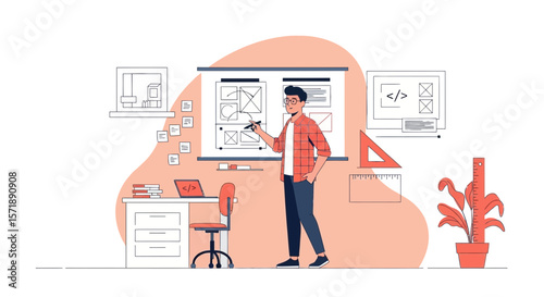 Creative Designer Presenting Website Wireframes On Whiteboard In Stylish Office