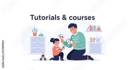 Father Teaches Daughter Using Flashcards During Homeschooling Lesson At Home