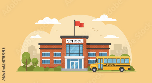 Cartoon School Building And A Yellow Bus With Red Flag In Warm Background Illustration