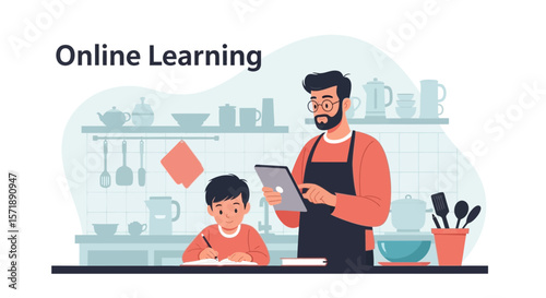 Father Teaches Son Online In The Kitchen During Quarantine Days