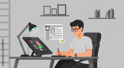 Creative Designer Working On A Graphic Tablet In His Home Office Space