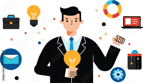 A collection of stylized illustrations depicting businessmen holding glowing light bulbs, symbolizing bright ideas, innovation, and successful concepts in a corporate context