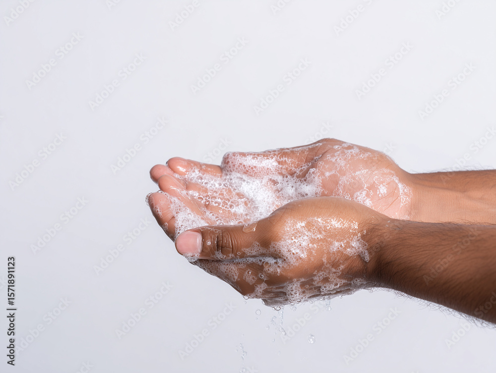 Fototapeta premium Man washing hands with soap and water against germs