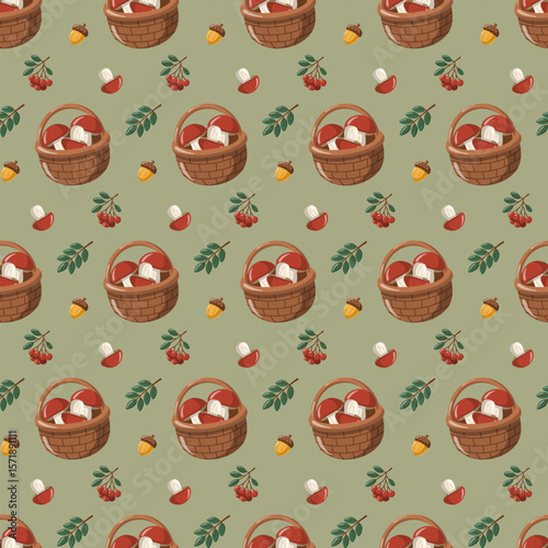 Seamless autumn pattern with mushrooms, basket, and acorns. Cartoon vector digitalpaper design 