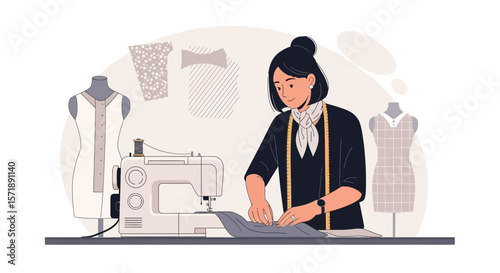 Creative Dressmaker At Work Sewing Fashion Garment In Her Studio Concept