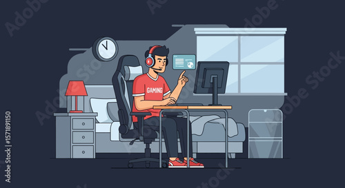 Cartoon Streamer Man Playing At Home E-Sport Cyber Gaming Competition Arena Room
