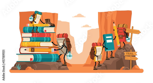 Educational Journey Books And Writing Tools Navigate Canyon Trail With Backpacks