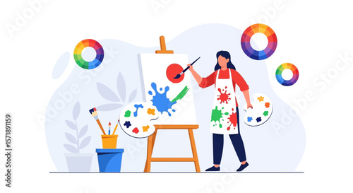 Female Artist Painting Canvas With Brush Creative Hobby And Visual Art Studio