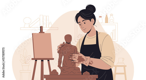Female Artist Sculpting A Clay Figure In Her Atelier with Creative Touch