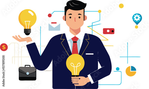 A collection of stylized illustrations depicting businessmen holding glowing light bulbs, symbolizing bright ideas, innovation, and successful concepts in a corporate context