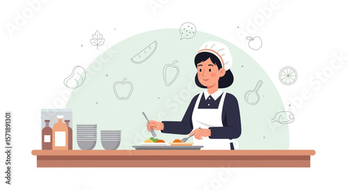 Female Chef Prepares Food With Fresh Ingredients In Kitchen Setting
