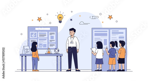 Educational Presentation With Children At Science Fair And Teacher Assistance