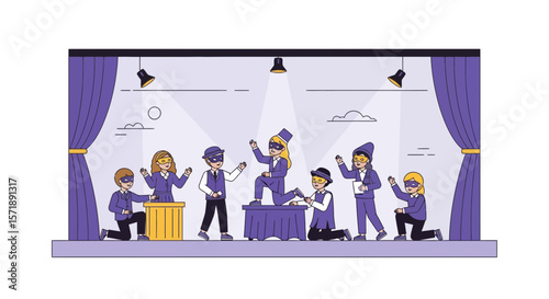 Cartoon Youngsters Performing Theater Arts Wearing Costumes And Stage Acting