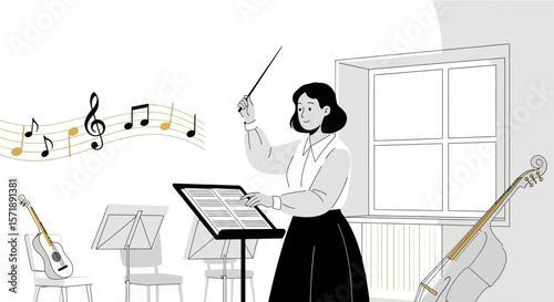 Female Conductor Directing an Orchestra in a Music Rehearsal Room Illustration