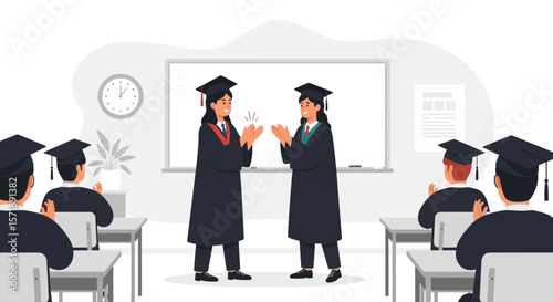 Celebrate Graduation Two Students Clapping Hands In Classroom After Earning Education