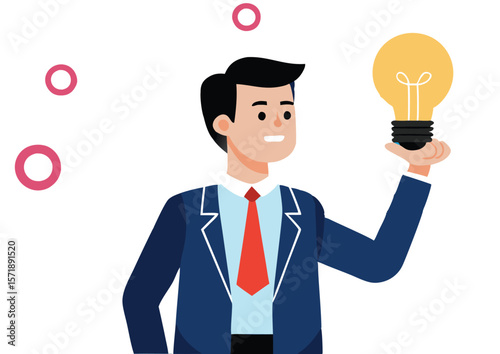 A collection of stylized illustrations depicting businessmen holding glowing light bulbs, symbolizing bright ideas, innovation, and successful concepts in a corporate context
