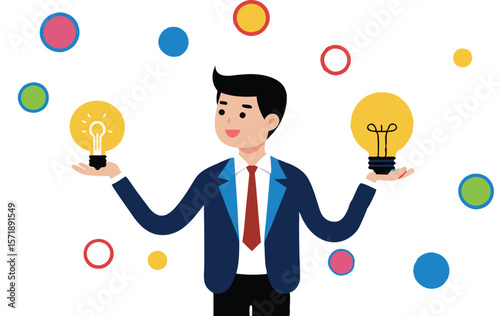A collection of stylized illustrations depicting businessmen holding glowing light bulbs, symbolizing bright ideas, innovation, and successful concepts in a corporate context