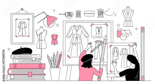 Creative Fashion Design Studio With Dressmakers Working On Sketches Together